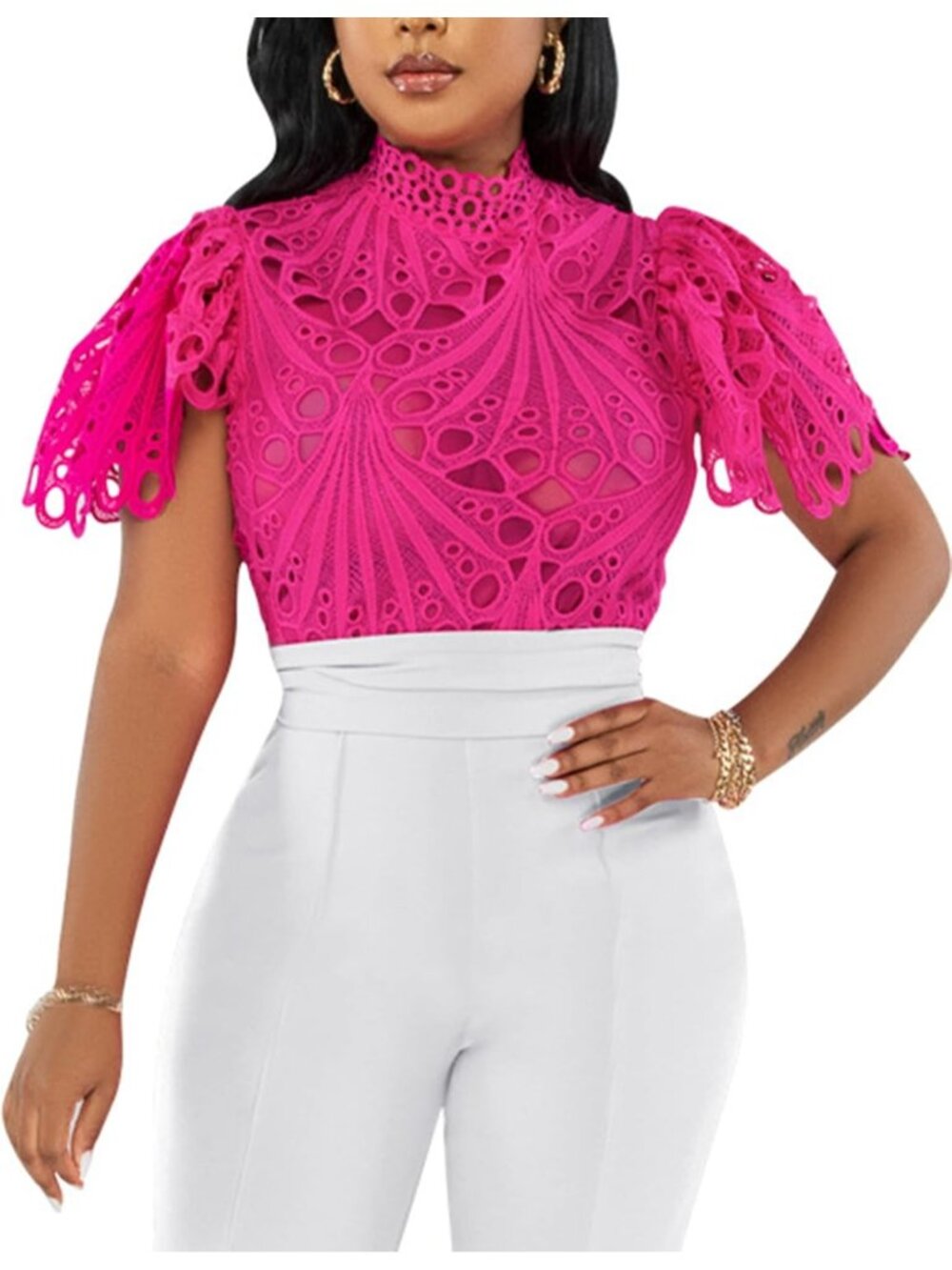 🆕Women’s Hot Pink Lace Ruffle Puff Short Sleeve Button Down Tops Flare Tunic
